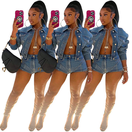 New Denim Casual Suit Fashion Stretch Shorts Denim Suit
