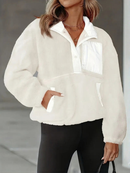 Dame sweatshirt i fleece med lynlåskrave og lomme