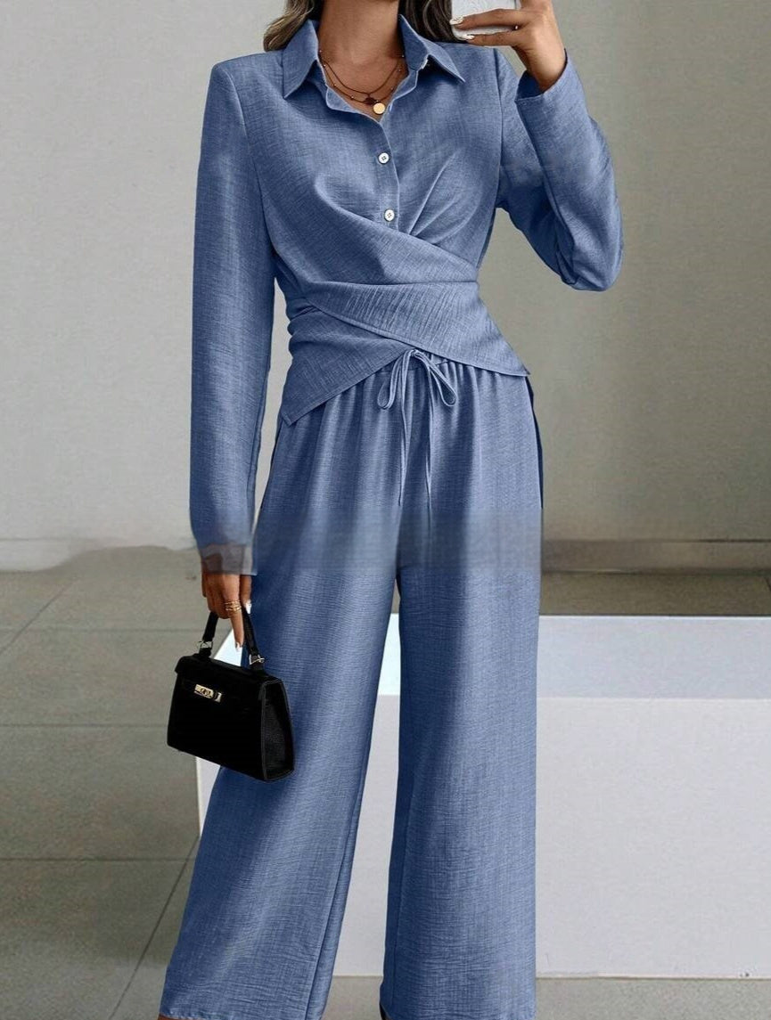Women's Elegant Shirt Top And Wide-Leg Pants Two-Piece Set