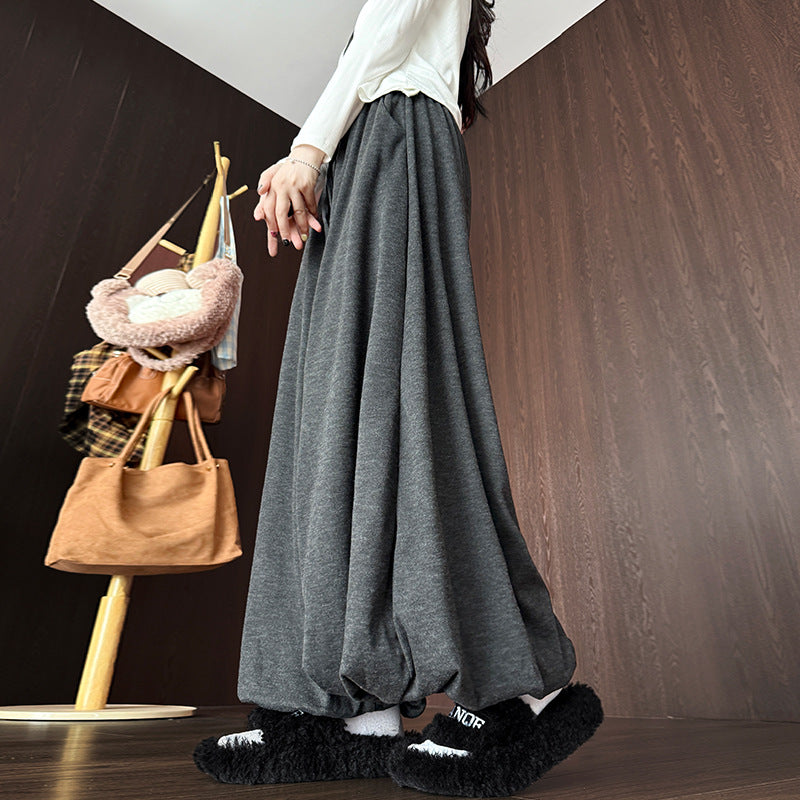 Womens High-Waisted Fleece-Lined Solid-Color Lamb Wool Bloomer Culottes
