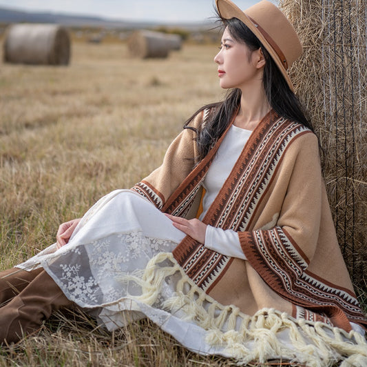 Retro Etno-inspireret Omvendt Strikket Poncho og Sjal Cardigan