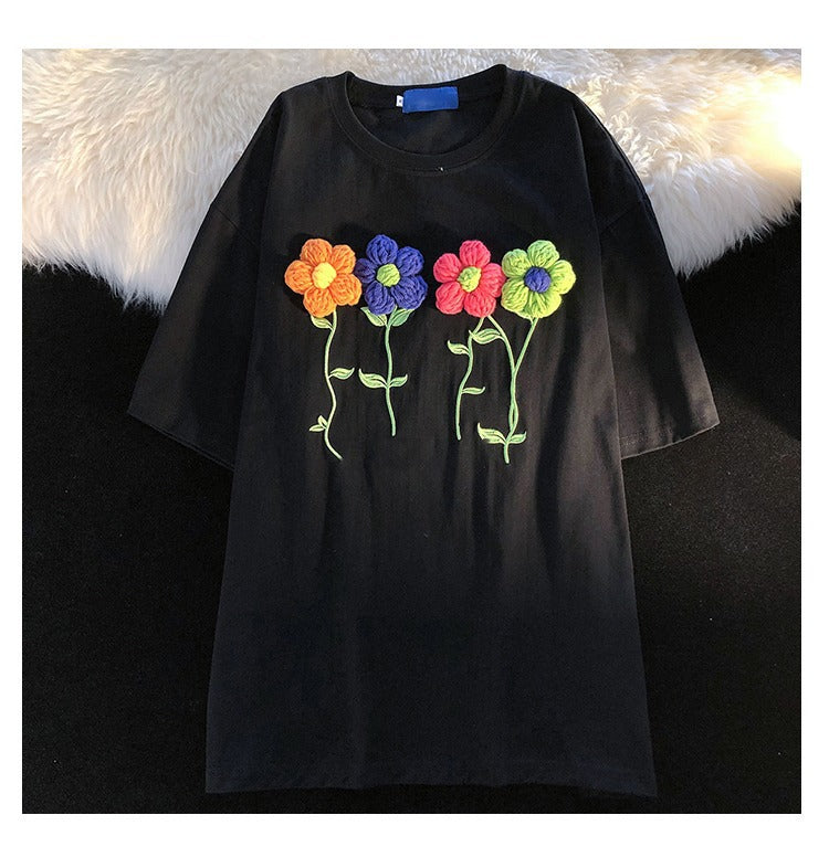 Women's Summer Loose Three-dimensional Flower Short-sleeved T-shirt