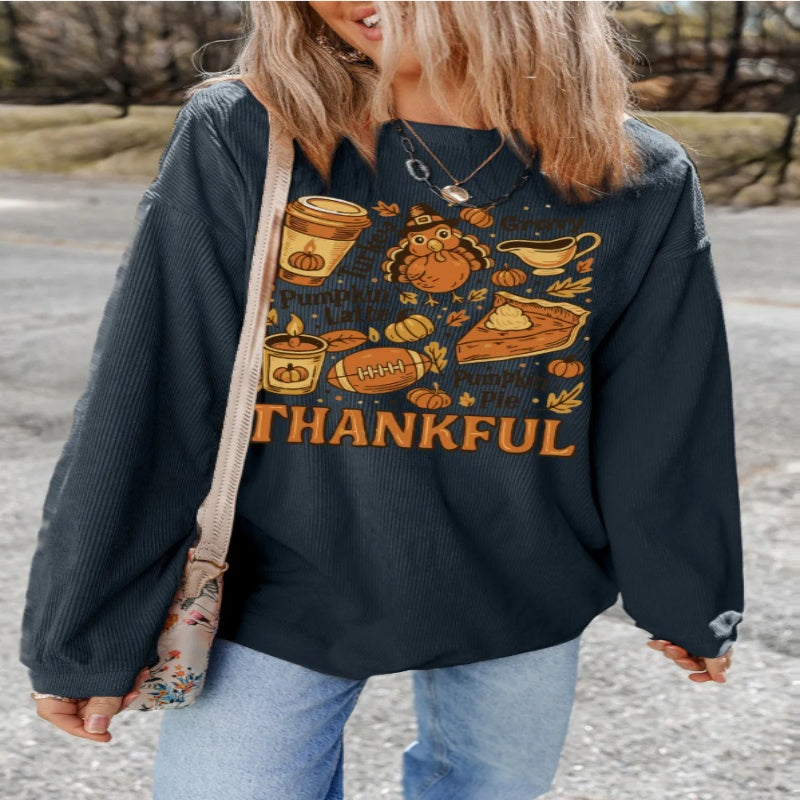Mørkegrå snoet ribbet THANKFUL-printet baggy sweatshirt