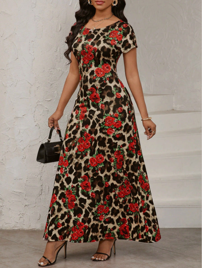 Leopard-Print Rose Floral Fashionable Elegant Waist-Cinching Slimming Dress