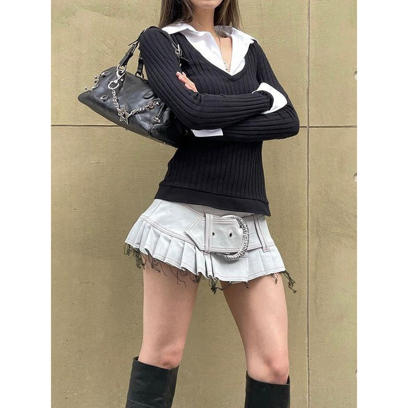 College Style Polo Collar Stitching Fake Two-piece Long Sleeve