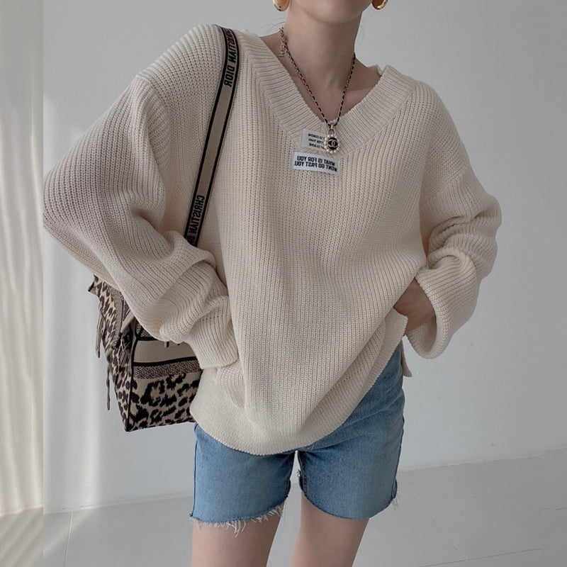 Løs pullover-sweater til kvinder i koreansk stil med V-hals