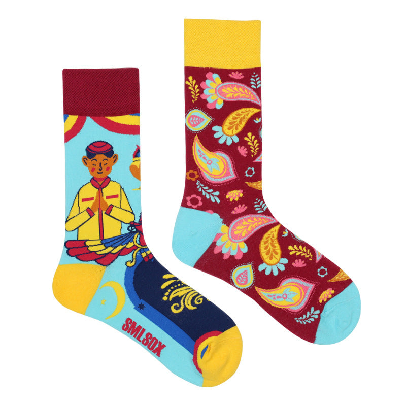 Asymmetrical Color Retro Personality Male And Female Couple Mid-length Cotton Socks