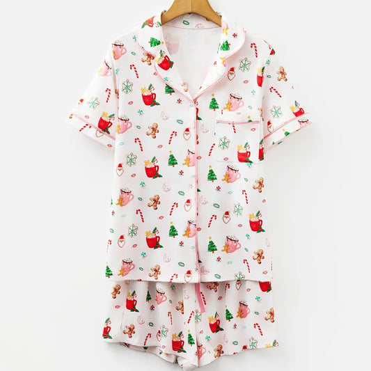 White Christmas Spirits Shirt Style 2pcs Short Pajama Set