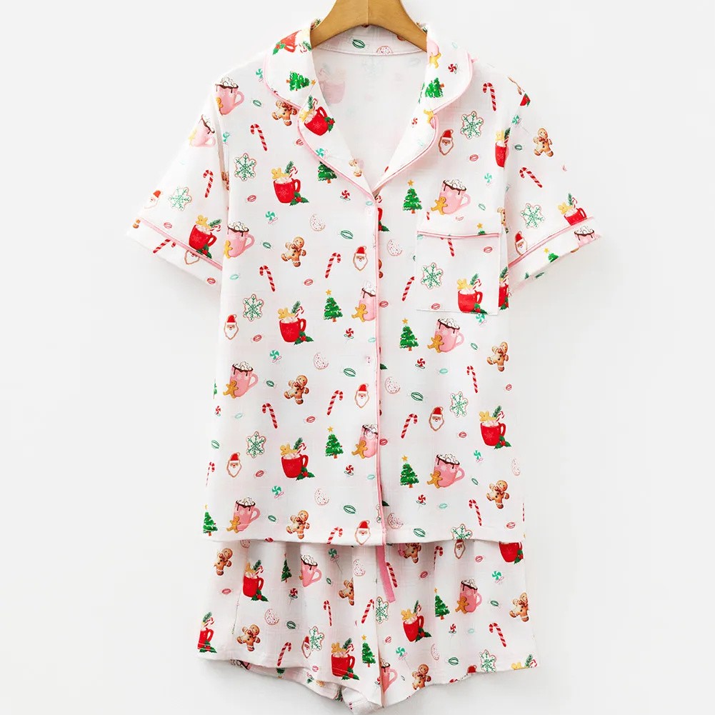 White Christmas Spirits Shirt Style 2pcs Short Pajama Set