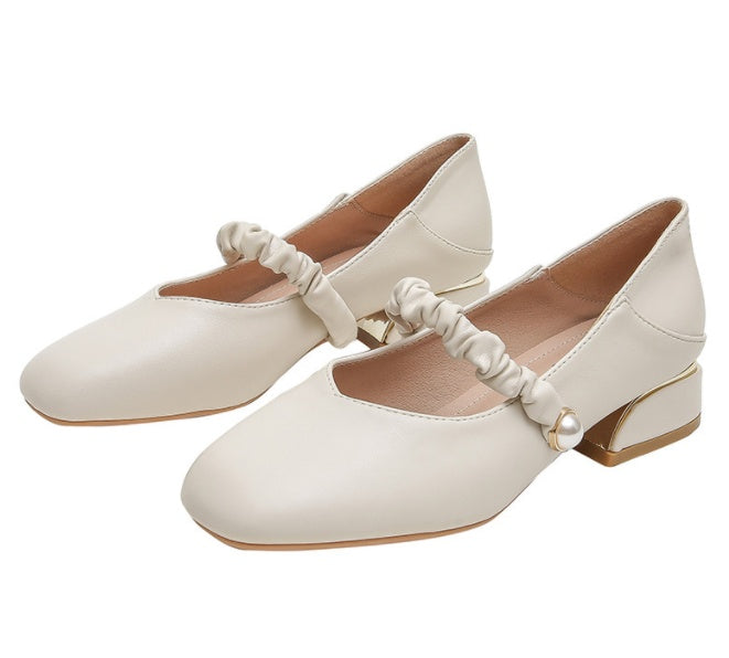 Vintage One Word Strap Square Toe Chunky Heel Ladies Shoes