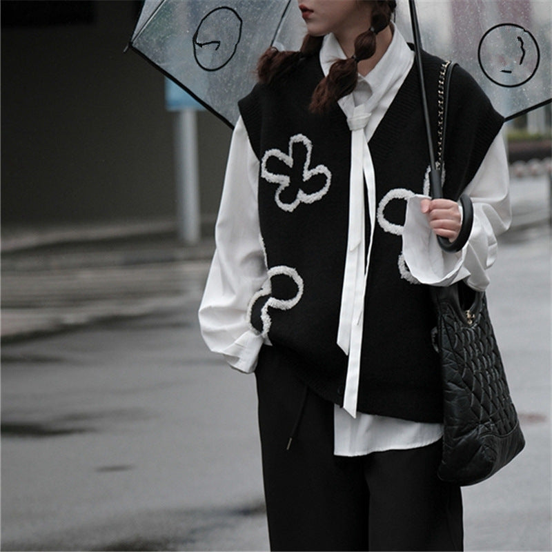 V-neck Cardigan Black Sleeveless Vest Korean Style
