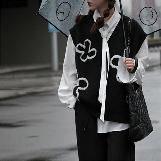 V-neck Cardigan Black Sleeveless Vest Korean Style