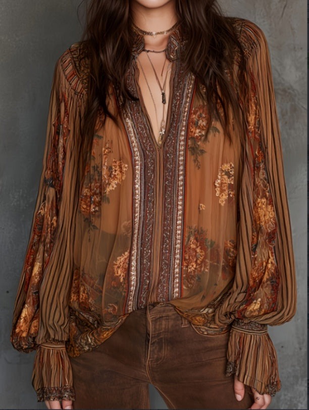 Caramel Vintage Floral Chiffon Shirt