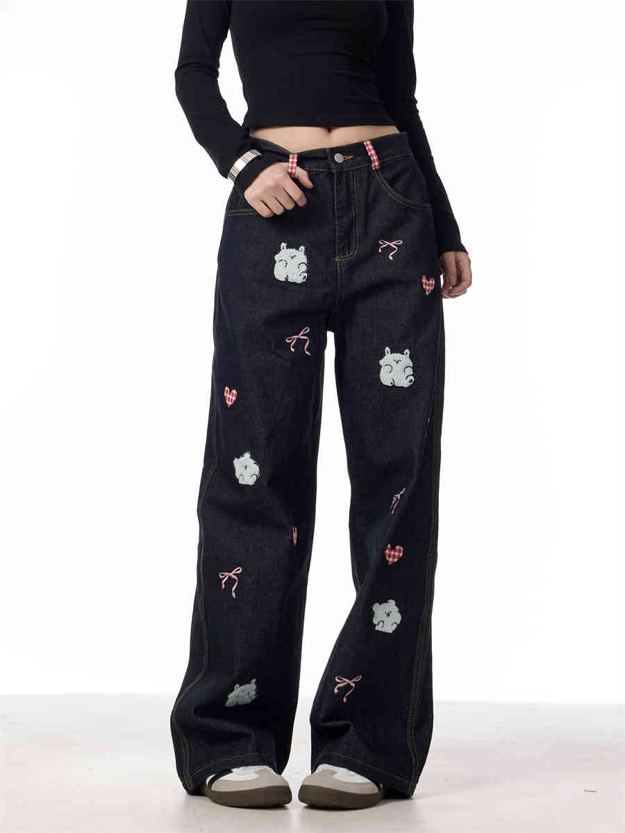 Jeans med lammebroderi til kvinder, retro, lige ben