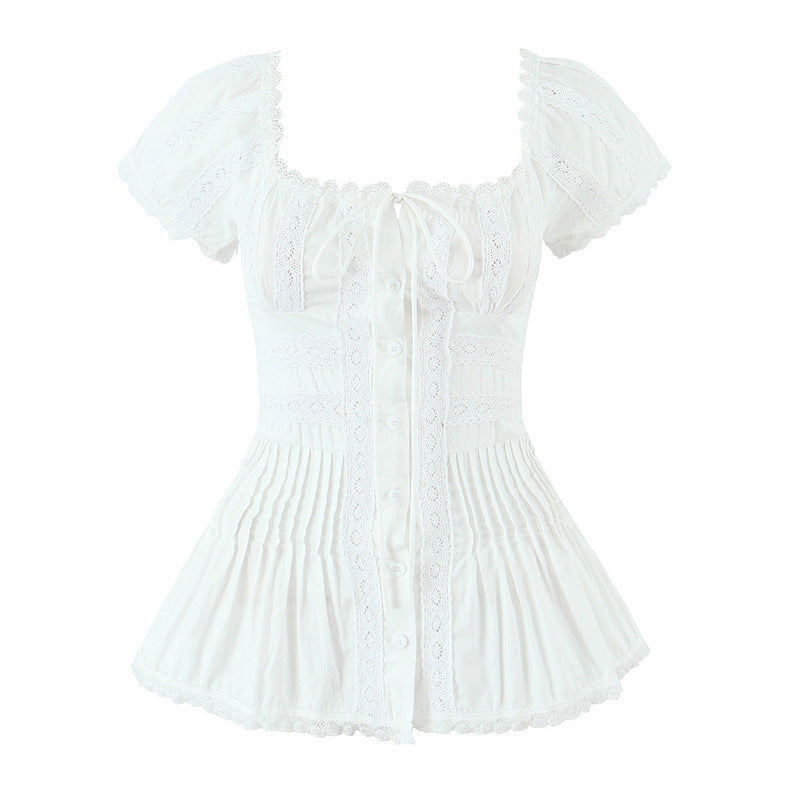 French Refined Handmade Lace Lace Slim Fit Patchwork Pleated Small Top
