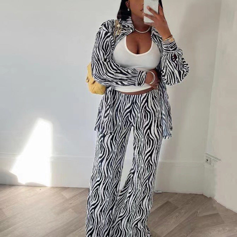 Pleated Zebra Print Long Sleeve Shirt With Wide-leg Pants