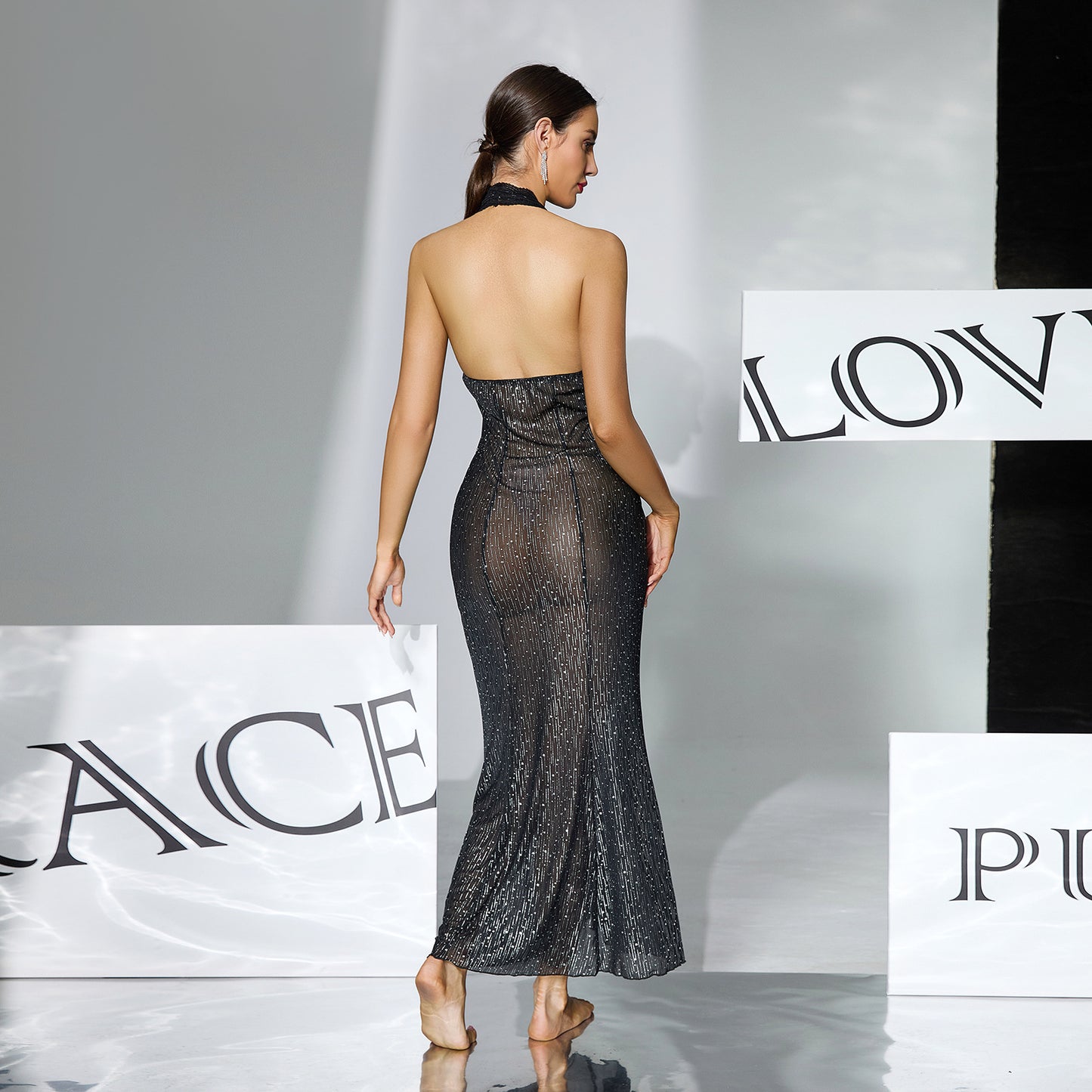 Black Sequin-embellished Sheer Halter-neck Deep-V Backless Bodycon Sexy Dress