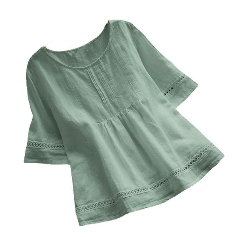 Summer Solid Color Cotton And Linen Top Half Sleeve