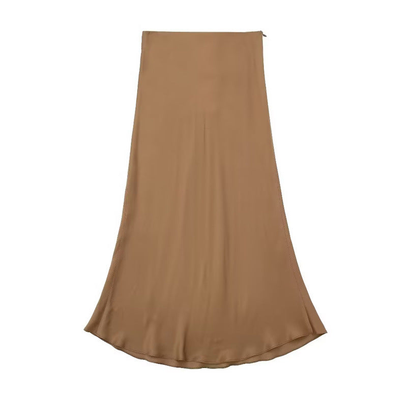 Solid Color Slim Silk Satin Texture Midi Skirt