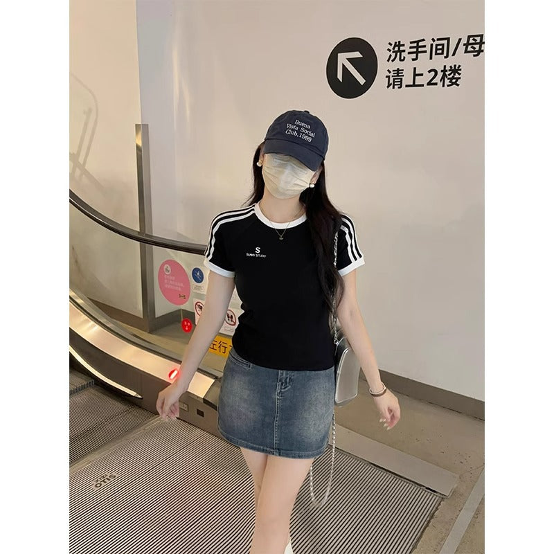 Female Bm Hot Girl Waist Embroidered Crew Neck Short Sleeve T-shirt Top