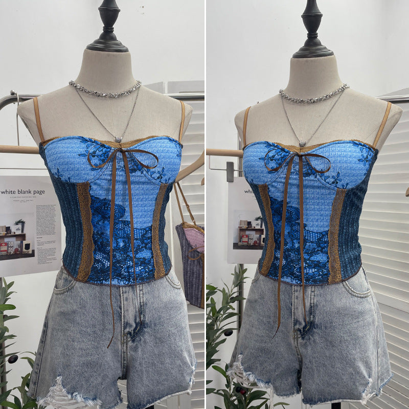 Vintage Ink Painting With Chest Pad Short Lace Up Tube Top For Women