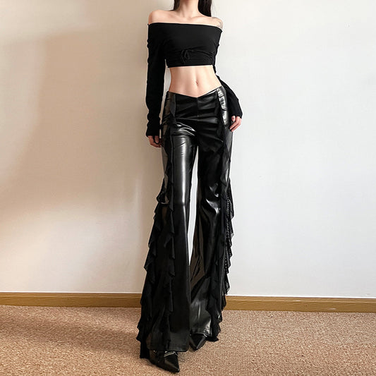 Hot Girl Mesh Stitching Design PU Leather Bootleg Pants Female