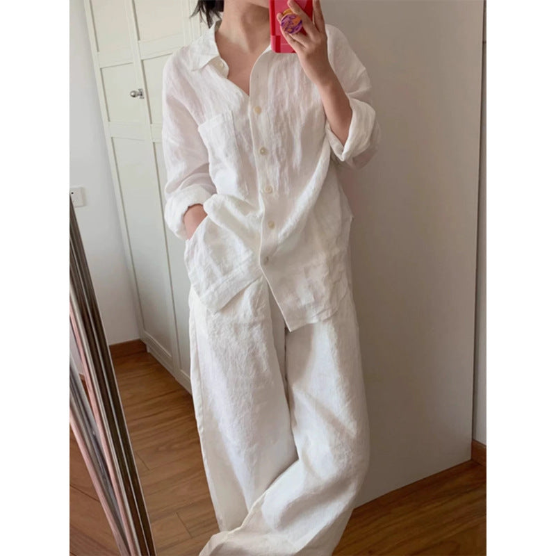 Linen-cotton White Shirt And Pants Set For Women