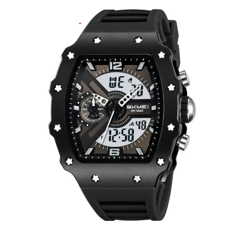 Multifunctional Mens Watch With Dual Displays Featuring A Stylish Barrel-shaped Case