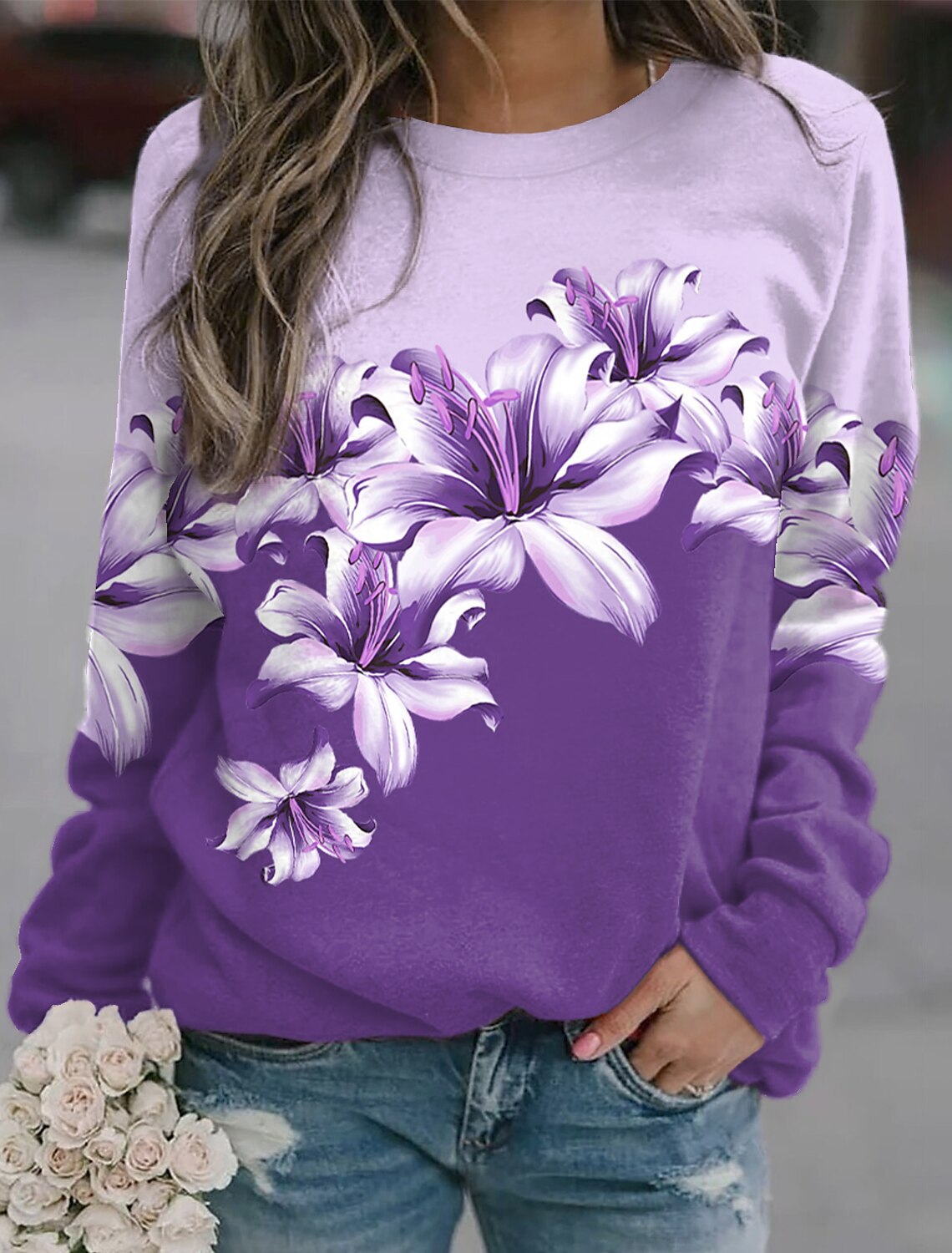 Dame pullover, printet, sport, rund hals, lange ærmer