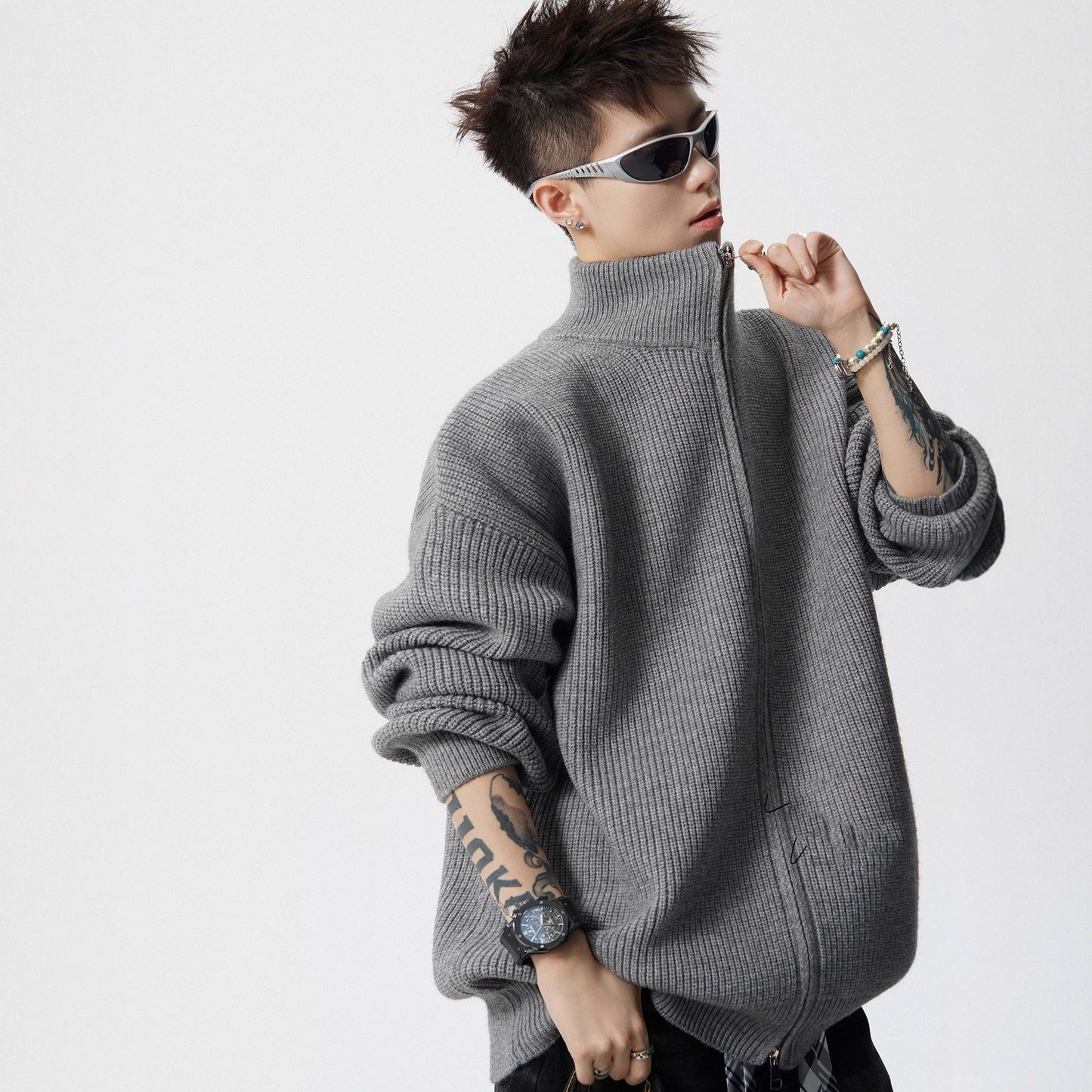 Heavyweight Stand Collar Double Zip-up Solid Color Sweater For Men