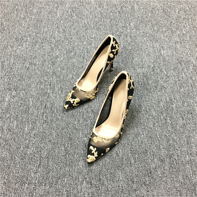 Shallow High Heels Stiletto Pointed Flower Mesh Lace All-match Single Shoes