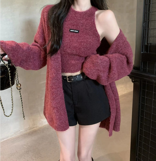 Knitted Cardigan And Halter-Neck Camisole Two-Piece Sweater Set For Women