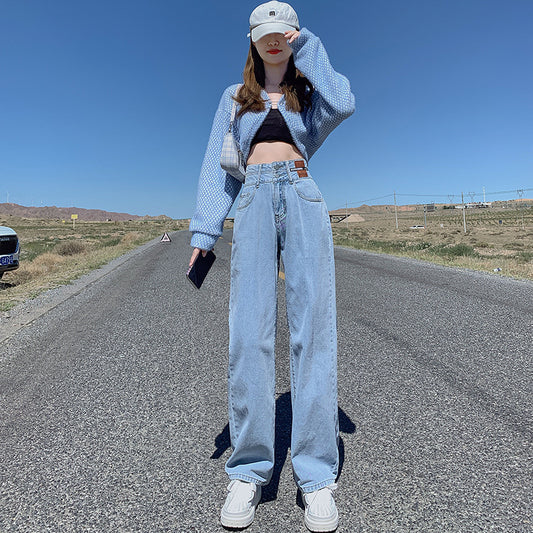 Women's High Waist Straight Loose And Slim Double Button Jeans