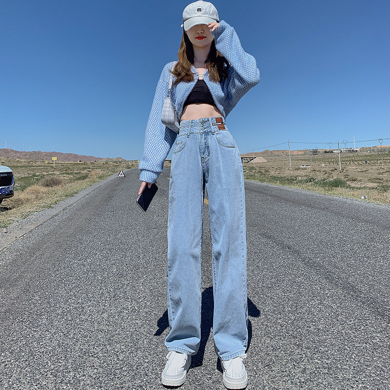 Women's High Waist Straight Loose And Slim Double Button Jeans