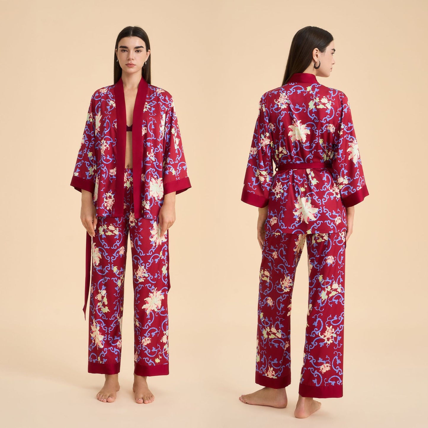 Floral-print Satin Chiffon Loungewear Set