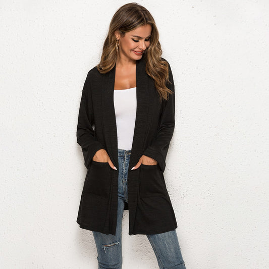 High Collar With Loose Medium Length Knit Cardigan
