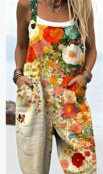 Printed Suspenders Casual Jumpsuit Beach Pants