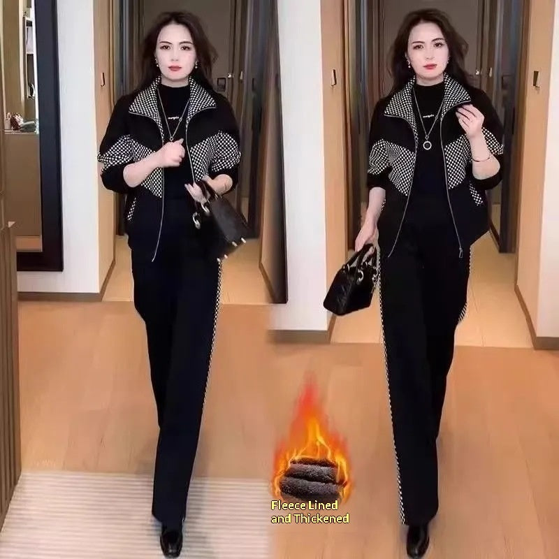 Youthful Patchwork Plaid High-End Western-Style Fleece-Lined Thickened Casual Set