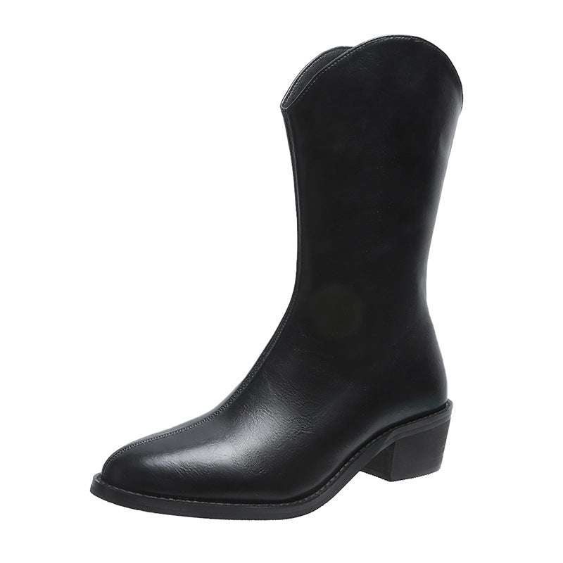Pointed Mid-tube Thick Heel Short Boots