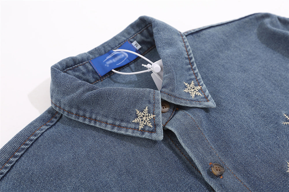 Cartoon Christmas Embroidery Denim Shirt Jacket