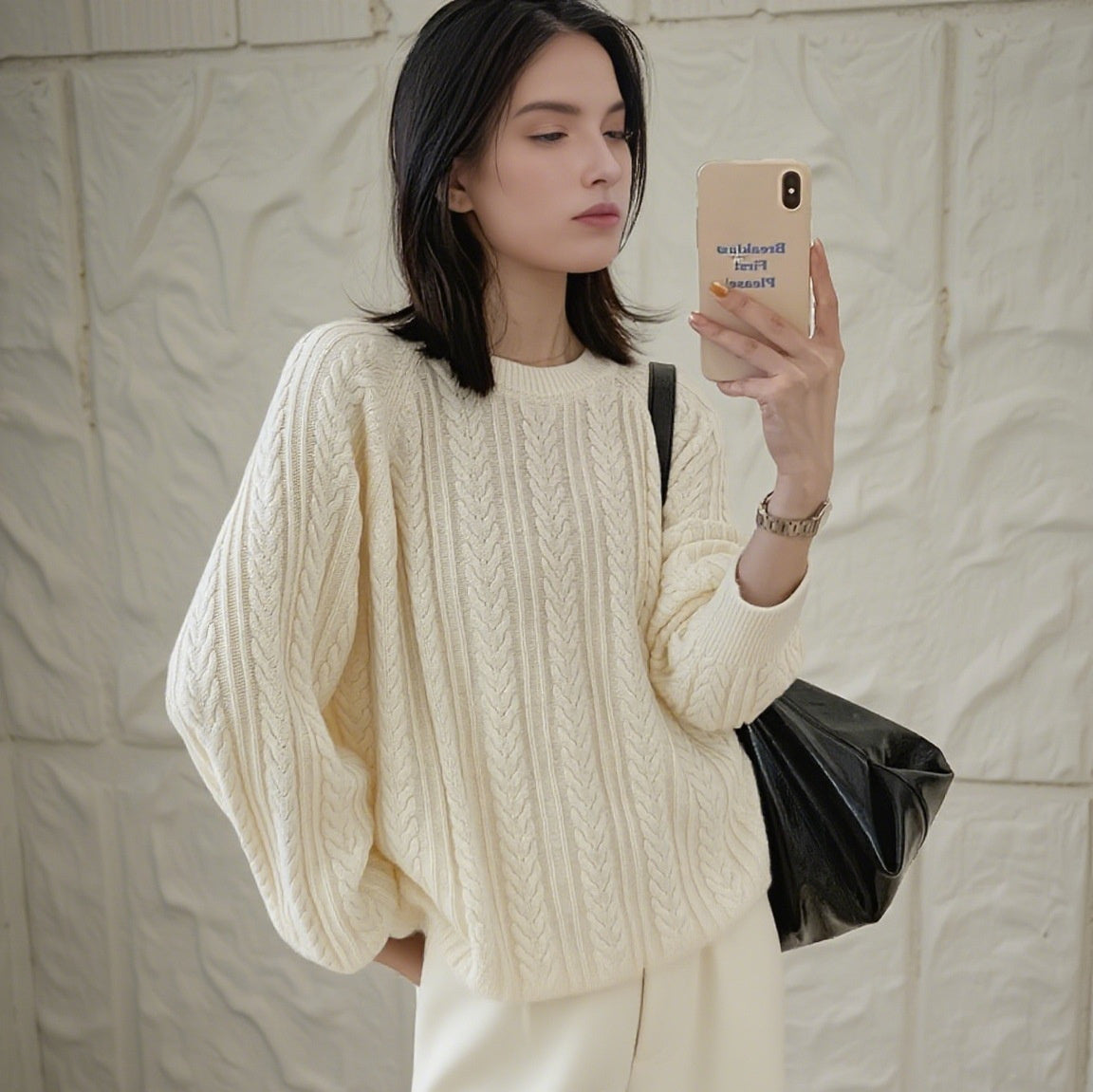 Round Neck Knitted Long Sleeve Vertical Stripe Twist Loose All-matching Top Soft Trousers