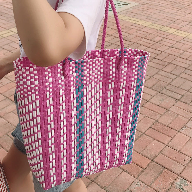 Plastic Hand Braided Stripe Shopping Shoulder Bag