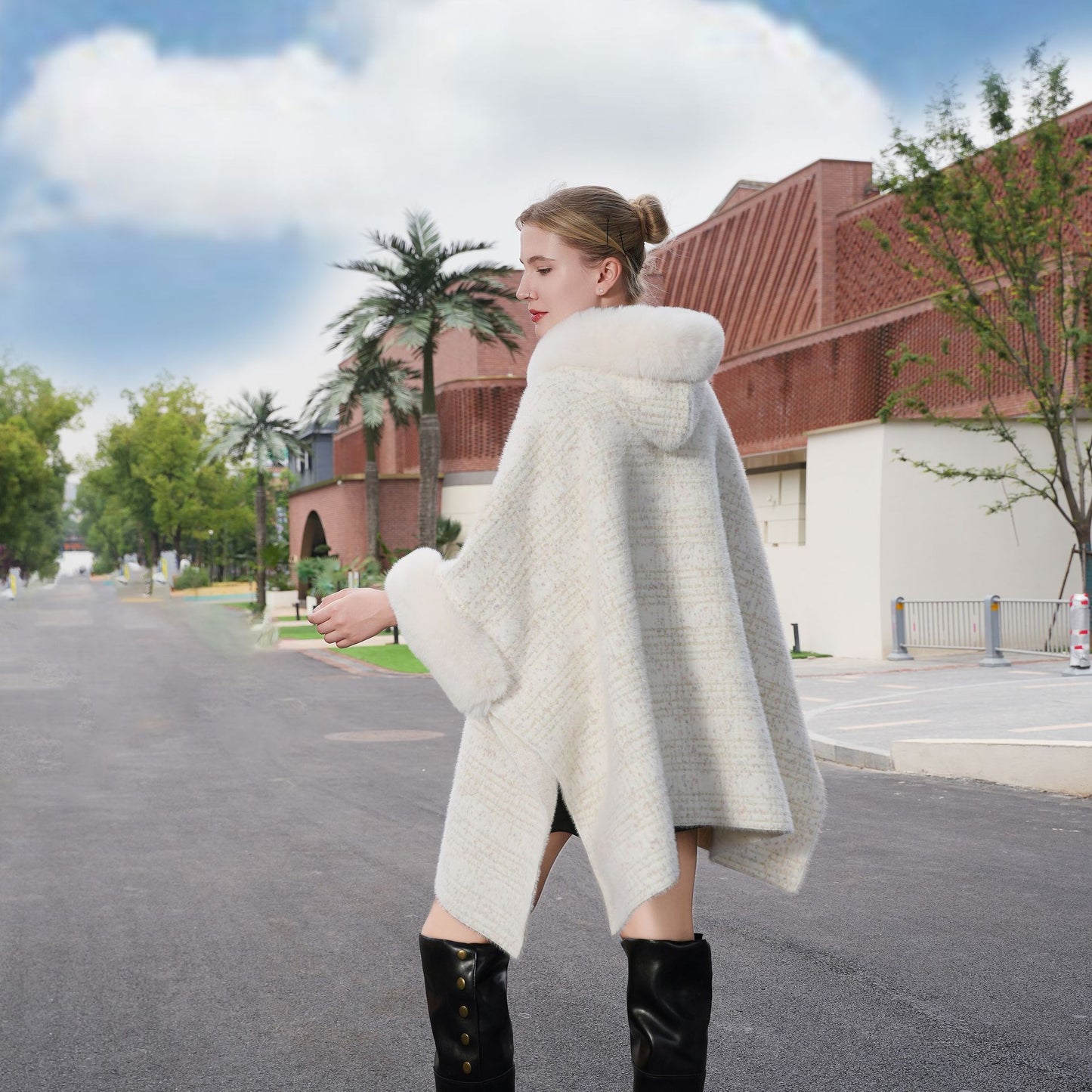 Warm Fur Collar Cardigan Mid-length Loose Thick Coat Dress And Cheongsam All-match Hooded Fur Shawl