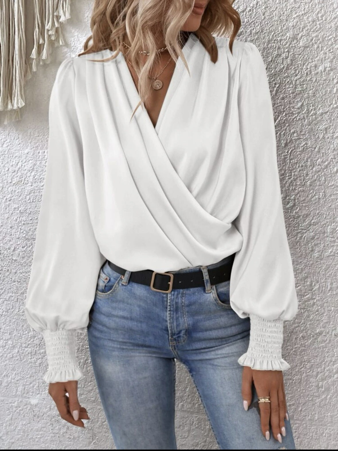 V-neck Pleated Lantern-sleeve Solid-color Blouse For Womenelegant And Professional