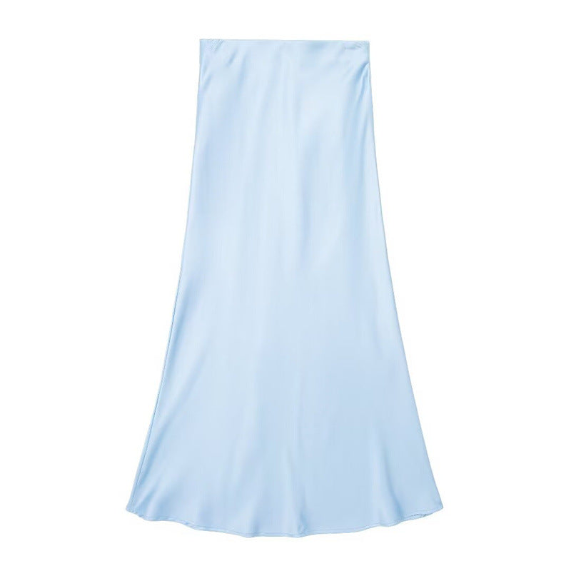Solid Color Slim Silk Satin Texture Midi Skirt