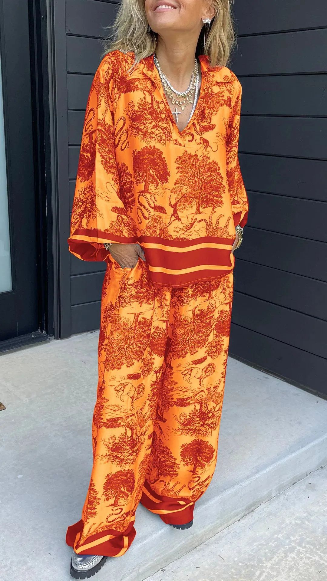 Expert V-neck Printed Long Sleeve Pocket Casual Women's Suit
