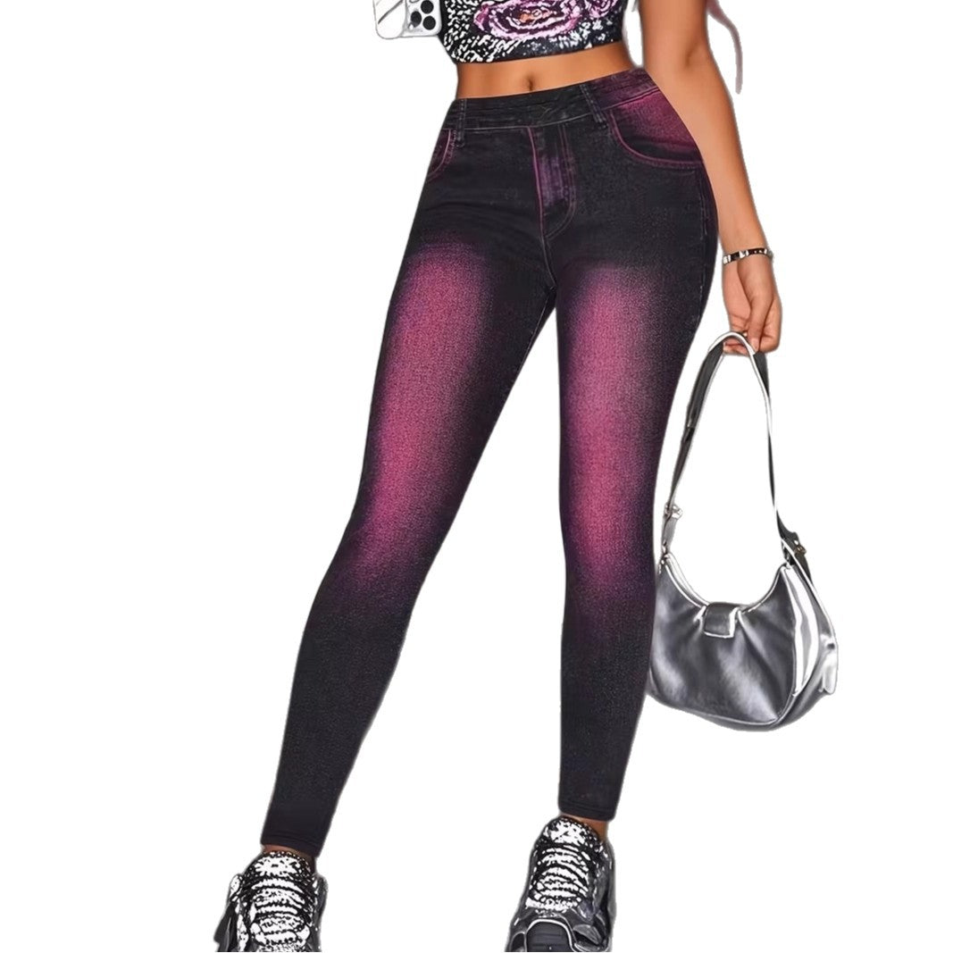 Womens High-Waisted Stretchy Slim-Fit Faux Denim Printed Pants