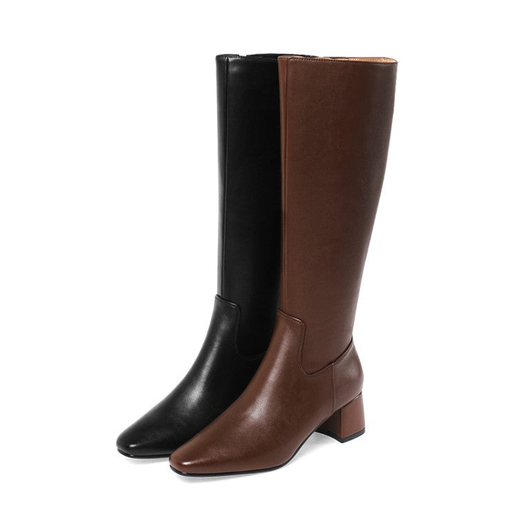 Block Heel Square Toe Side Zipper Boots Cowhide Mid-heel