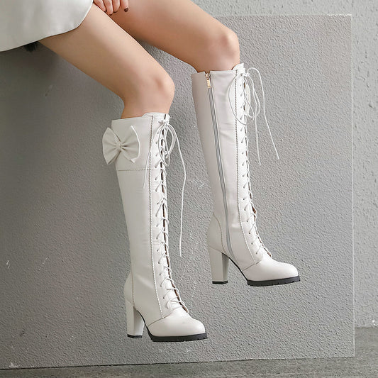 Lolita Bow Lace-up High Leg Boot Single Boots Knight Boots High Heel