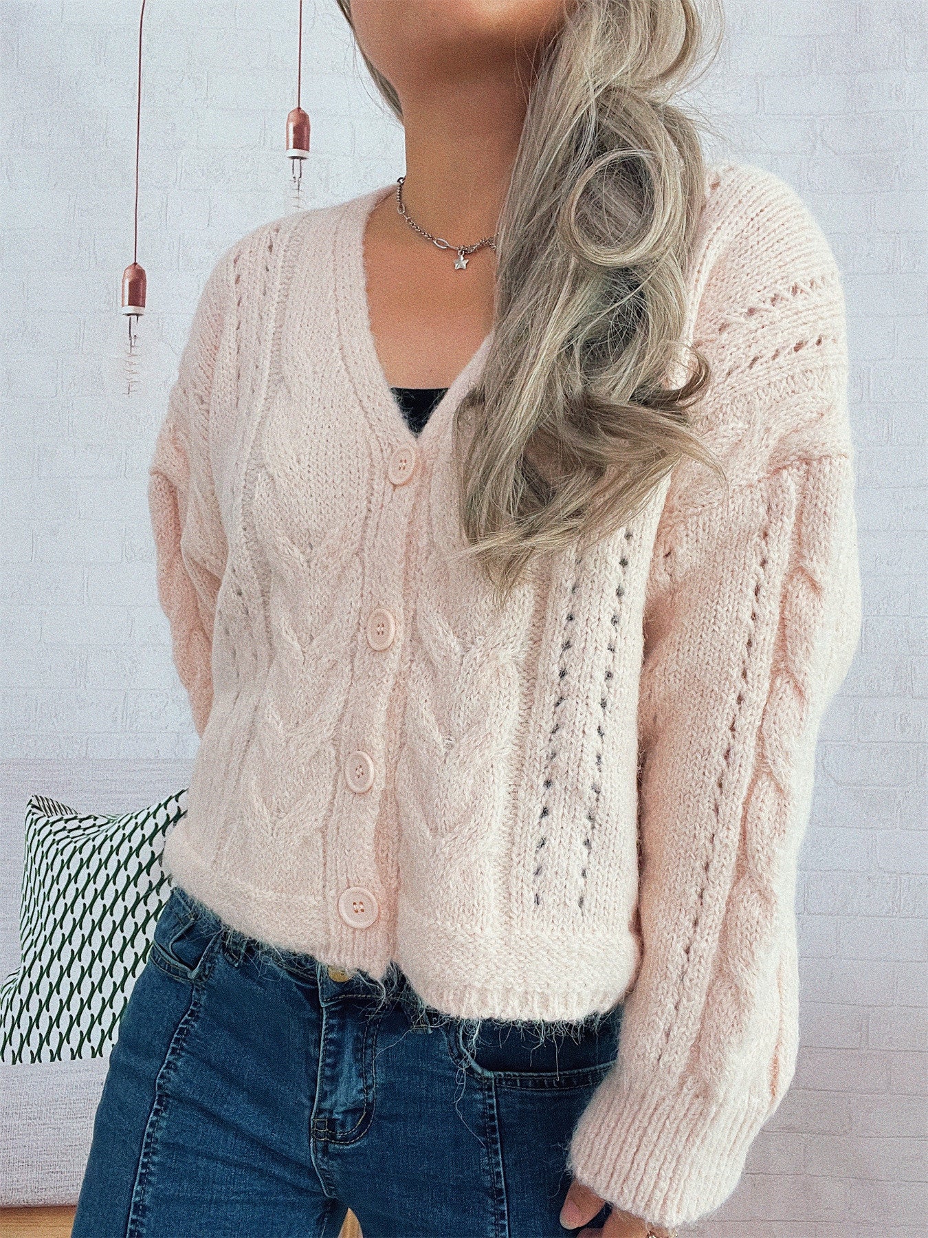 Casual Short Twist Hollow-out Knitted Cardigan Single-breasted V-neck Sweater